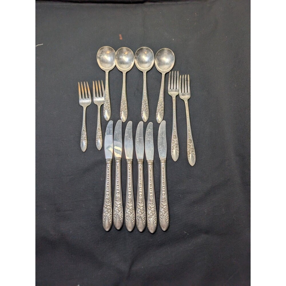 National Silver Co Rose & Leaf Silverplate Flatware 14 Pc Lot Knives Forks Spoon
